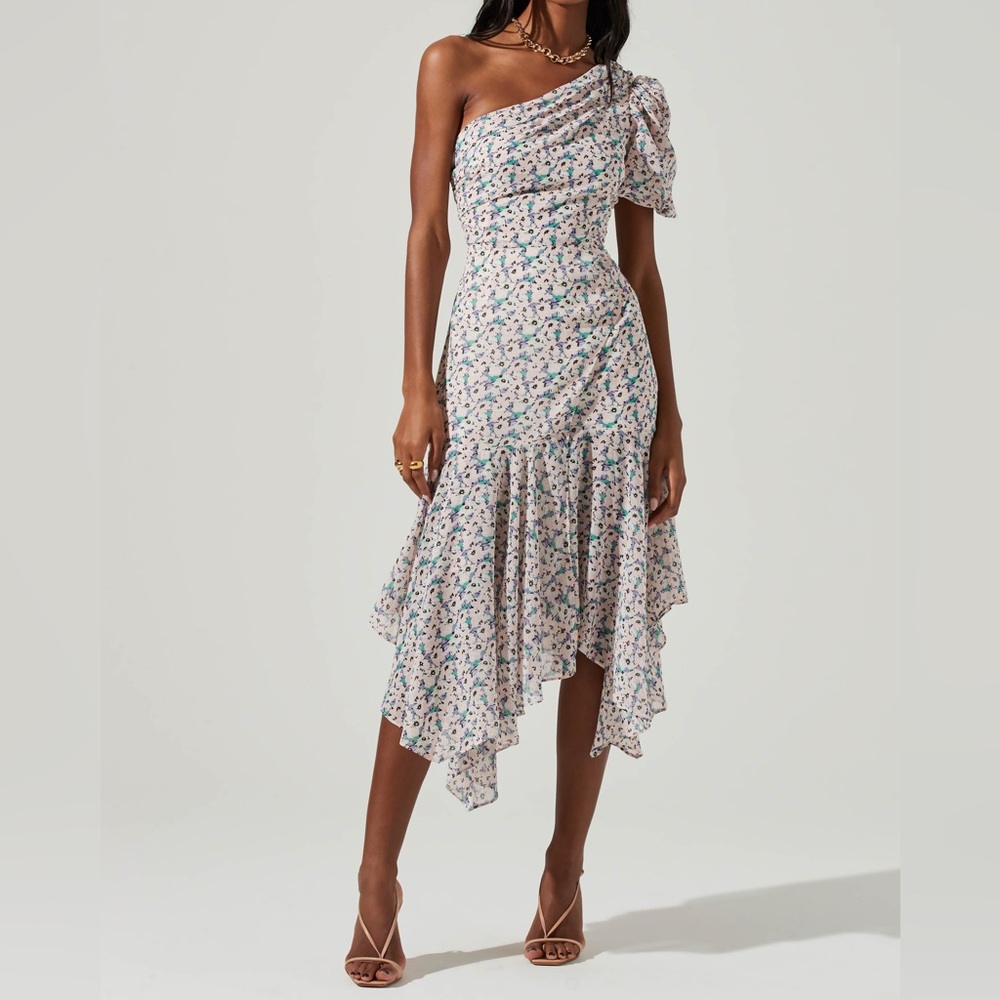 Spring Astr One-Shoulder Floral Dress - White and Blue
